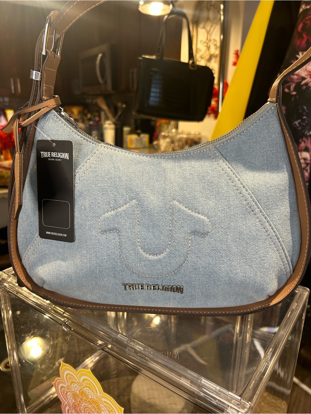True Religion Light Blue Denim Hobo Bag W/ Brown Trim/Strap 12.75”x 3”x 8.5” NWT - Picture 9 of 12